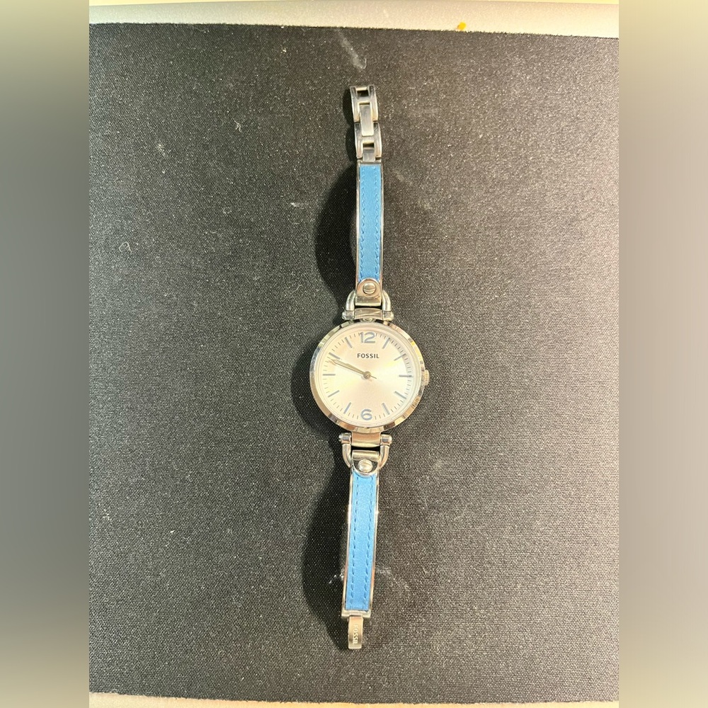 Fossil watch white face stainless steel case blue leather, stainless steel band